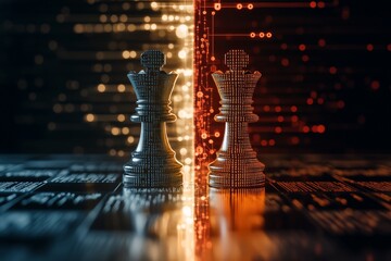 Two kings face off in a digital world, blending elements of traditional chess with futuristic digital graphics, indicating strategy and technological advancement.
