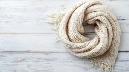 Obraz premium Soft White Knitted Scarf on Wooden Background Ideal for Cozy Winter Fashion and Textiles, Perfect for Seasonal Decor and Warm Accessories Photography