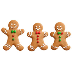 Three cheerful gingerbread men cookies, each with unique bow ties and buttons, create a festive holiday scene.