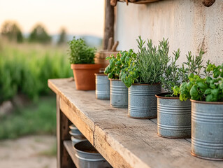 Fototapeta premium Herb garden setup outdoor planting rustic close-up gardening