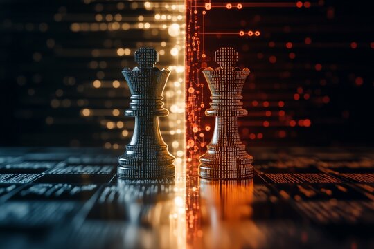 Two kings face off in a digital world, blending elements of traditional chess with futuristic digital graphics, indicating strategy and technological advancement.