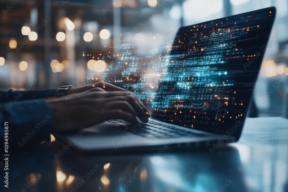 Poster hands over a laptop keyboard with digital data and coding overlays, symbolizing technology and the f