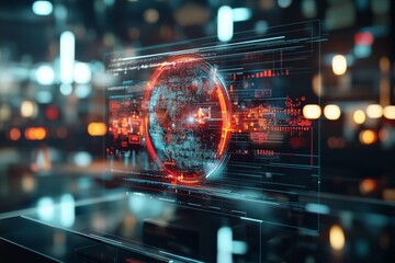 A glowing digital globe with futuristic technology overlays, illustrating connectivity and data flow in a cyber environment, against a bokeh background.