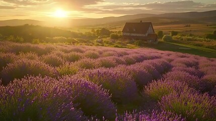Aerial view of a lavender field in full bloom during the golden hour in a picturesque rural countryside landscape with a traditional farmhouse mountains and a dramatic sky