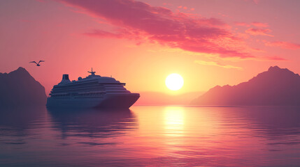 Obraz premium Cruise ship sailing at sunset over tranquil waters with mountains in the background