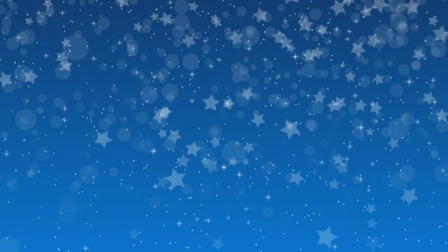 Blue Christmas background with stars and glittering white particles.