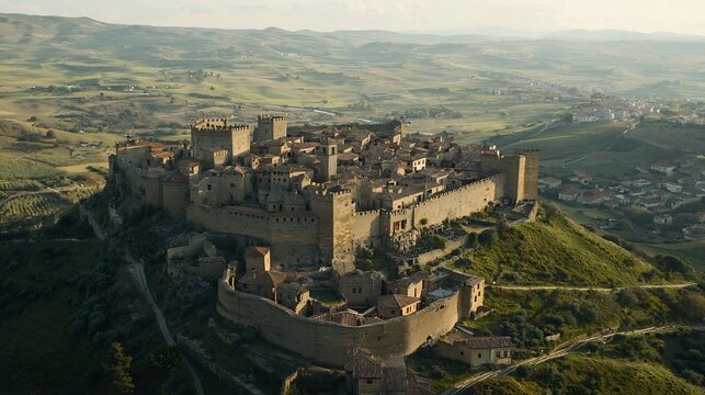 Aerial view of a grand well preserved medieval castle perched atop a hill surrounded by lush rolling green hills and valleys