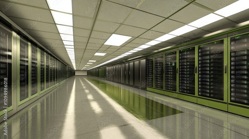 Poster modern data center interior with rows of server racks and bright led lighting in a high-tech environ