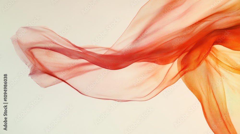 Poster ethereal flow of translucent fabric in warm red and orange hues creating a visual dance of light and
