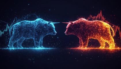 Market dynamics bull and bear conflict financial sector digital art trading environment close-up investment strategies