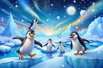 Obraz premium Engaging Drone Photography of Playful Cartoon Penguins on an Icy Landscape, Perfect for Children's Books, Animation Projects, and Winter-Themed Graphics