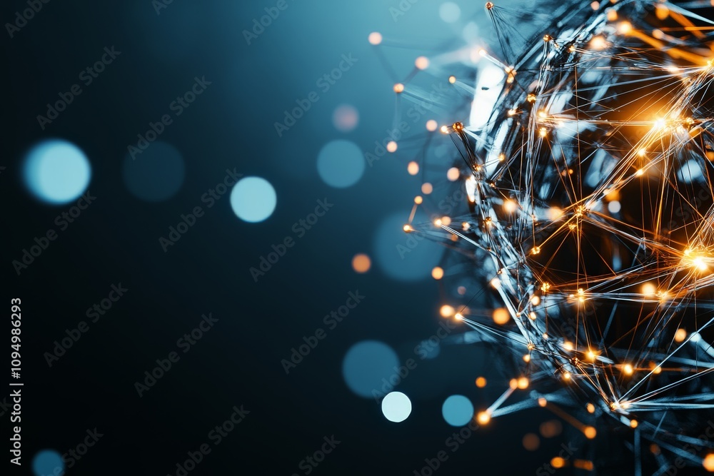 Poster a digital sphere with interconnected nodes and glowing threads representing data, communication, and