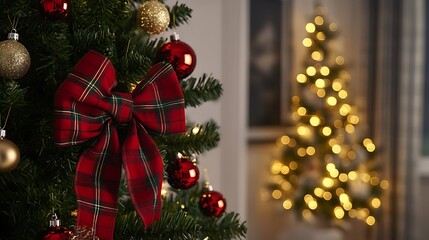 Obraz premium Festive Christmas Tree & Holiday Decor with Gifts, Stockings, and Fireworks for Winter Celebration