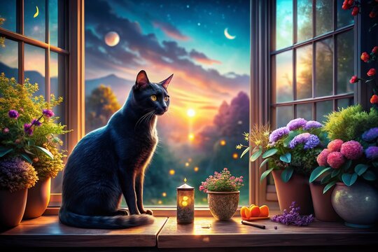 Enigmatic Black Cat Pondering Life with Inspirational Quotes in a Mystical Setting Emphasizing the Rule of Thirds for Cat Lovers and Quote Enthusiasts