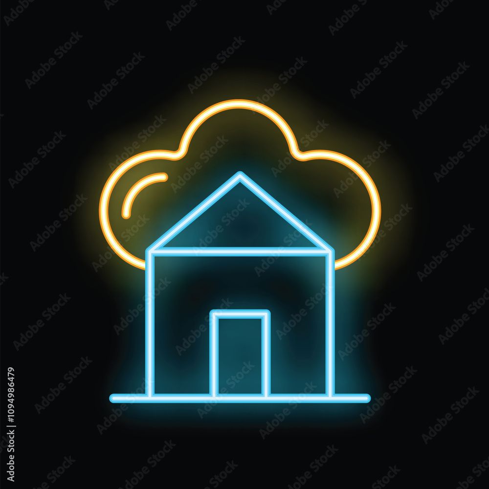 Poster glowing neon icon of a house with a cloud hovering above, symbolizing smart home technology and clou