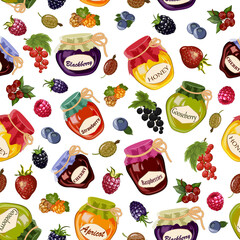 Pattern with jam and berries.Vector pattern with jam in jars and bright ripe berries on a transparent background.