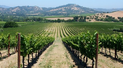 Naklejka premium Aerial view of an expansive vineyard landscape with rows of lush grapevines stretching across the rolling hills and countryside