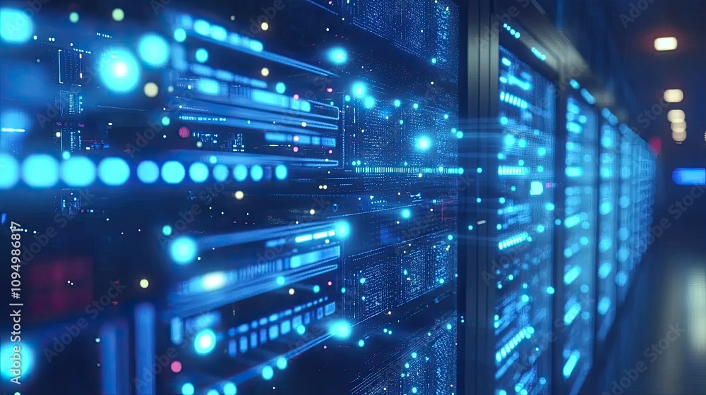 Poster futuristic data center environment featuring glowing server racks and dynamic light patterns illustr
