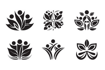 Stylized Human Figures Logo with Leaf Shapes and Unity Symbol in Black and White Silhouette
