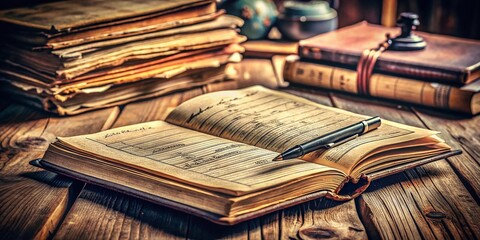 Obraz premium Enigmatic Ledger of Secrets: A Captivating Maltilda Ledger Inspired Still Life, Showcasing Intricate Details and Textures with a Balanced Composition in the Rule of Thirds