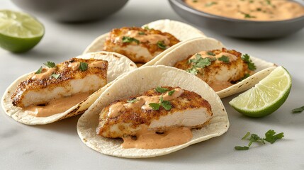 Deliciously Grilled Fish Tacos with Spicy Sauce and Lime Garnish, Perfect for a Summer Meal or Outdoor Gathering with Friends and Family, Flavorful and Appealing Presentation