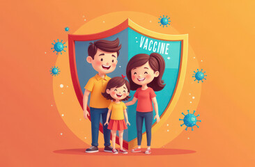 Fototapeta premium young happy family in front of shield titled Vaccine, virus particles bouncing off shield on colorful background, cartoon illustration. healthcare, coronavirus pandemic prevention, immunization