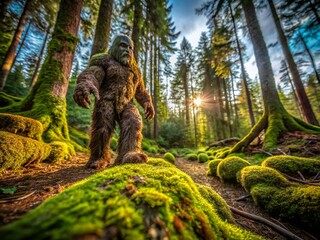 Enigmatic Macro Photography of Bigfoot Evidence in the Forest with Textures and Shadows Highlighting Its Elusive Nature and the Mystique of the Wilderness Surrounding It