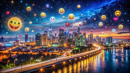 Obraz premium Enigmatic Night Photography Capturing the Essence of Wonder with Emoji Expressions Illuminated by City Lights and Starry Skies in a Dreamy Atmosphere