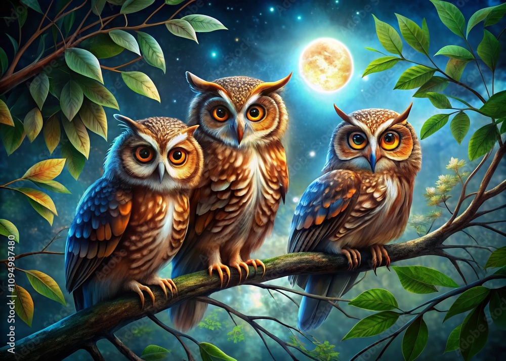 Poster enigmatic owls resting on a branch in a mystical forest under low light conditions capturing their i
