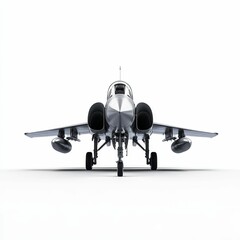 Fototapeta premium Silver fighter jet, front view, white background.