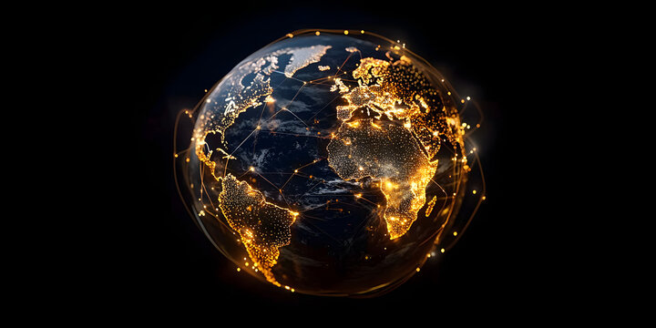 Global network lights glowing on digital Earth globe, world data connectivity, gold on black background
