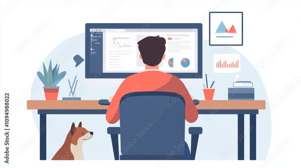 Poster remote worker collaborating with pet in cozy home office emphasizing teamwork and communication in h