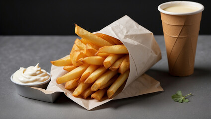 Belgian Fries Served in a Paper Cone with Ketchup