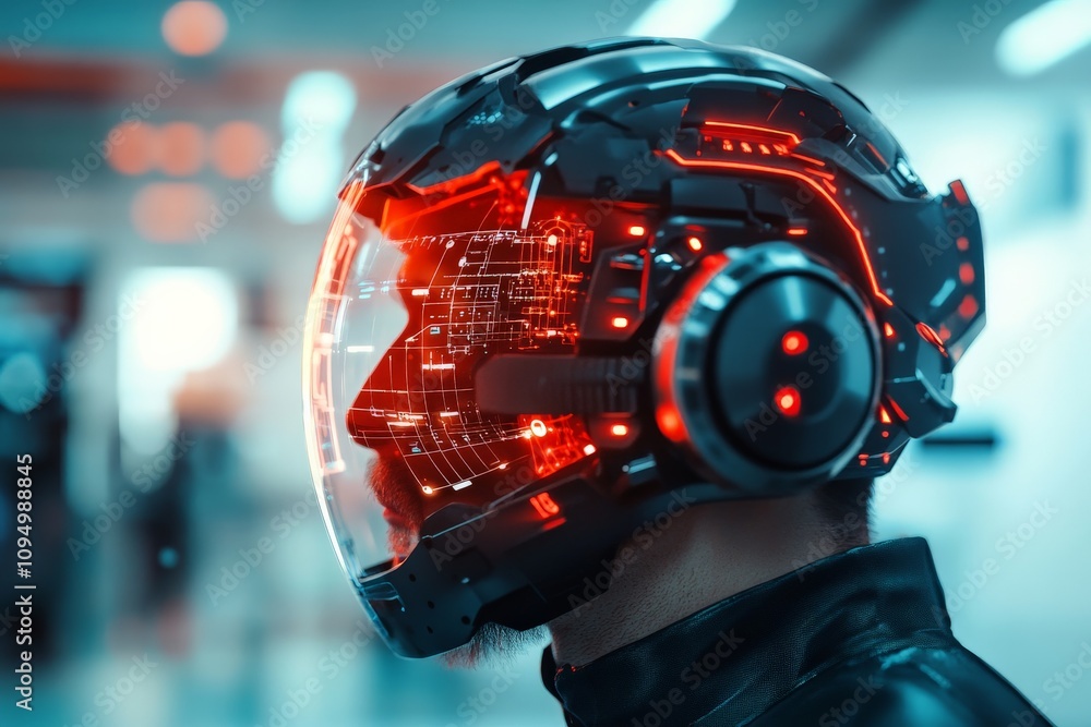 Poster a person wears a futuristic helmet with a glowing red digital interface, signifying advanced technol