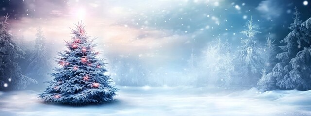 A vibrant Christmas tree amidst a serene snowy landscape. 