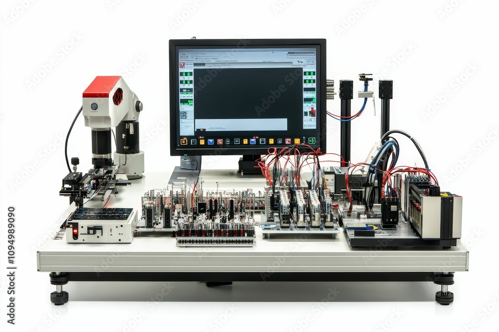 Poster automated robotic testing equipment with computer.