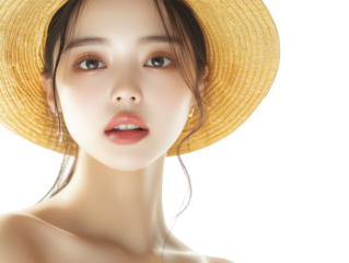 Stylish woman in straw hat enjoying sunny day outdoors