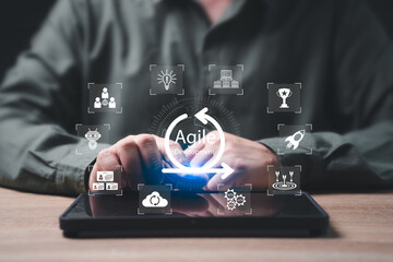 Agile software development methodology concept, Businessman reducing step and project management...