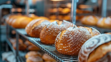 A close-up of soft baked sourdough breads chilling on a metal rack including a large text area and a hazy bakery backdrop, Generative AI.