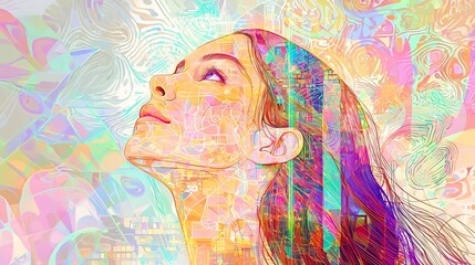 Captivating digital artwork depicting a woman with striking features and flowing hair surrounded by a vibrant composition of abstract shapes light patterns