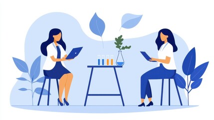 Laboratory scientists conducting research on standardized procedures in a bright green environment digital illustration collaborative workspace scientific exploration