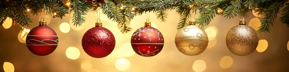 colorful Christmas balls hanging from a pine tree branch web header red and gold christmas decors line up in order straight xmas celebration ornament noel baubles horizontal banner