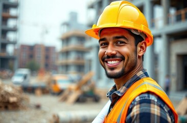 Fototapeta premium latinx construction worker in hard hat, orange vest with blueprint roll at construction site. young hispanic man in builder uniform. real estate development, industry, engineering and safety