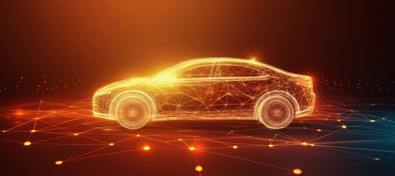 Abstract Wireframe Of Electric Car In Hologram Style, Future Of Transportation Technology Concept.