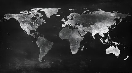 A detailed world map is displayed on a dark backdrop, highlighting country borders and significant geographic features in a clear and minimalist design.