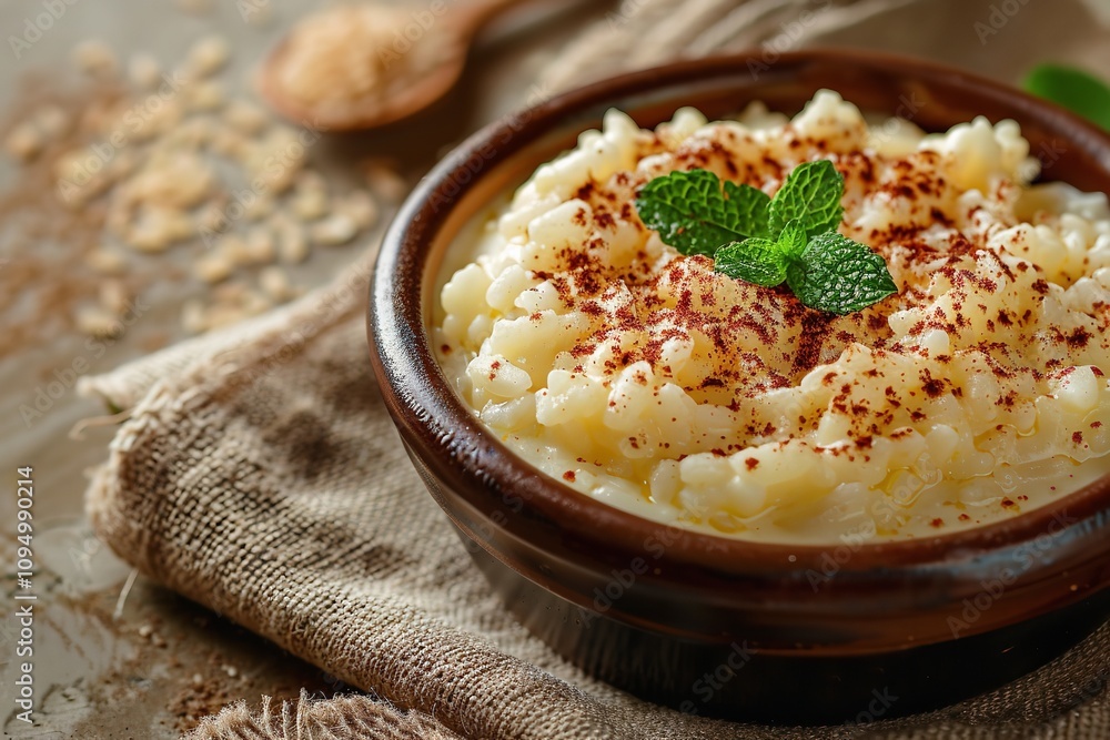 Poster an aerial view of a bowl of arroz doce with a large copy area for background use on a tidy light bro