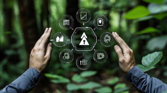 Innovative analytics display with digital icons showcasing modern sme insights in lush green forest environment nature-inspired technology concept