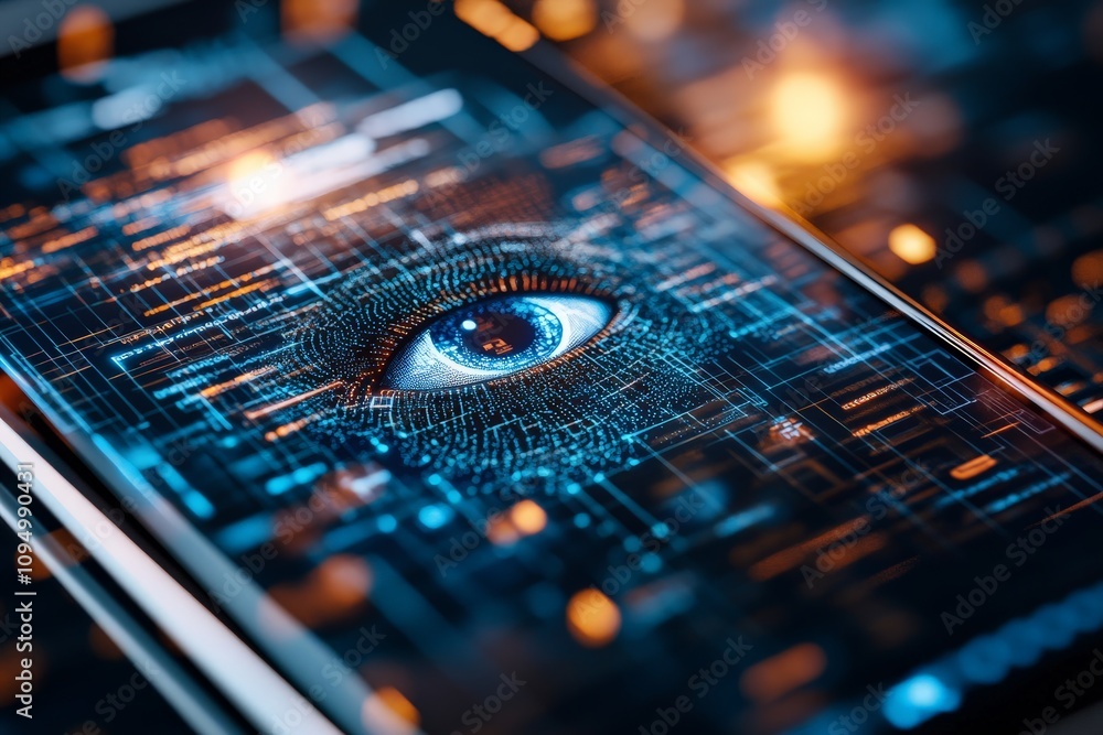 Poster a digital display featuring a cybernetic eye amidst intricate technological patterns and vibrant glo