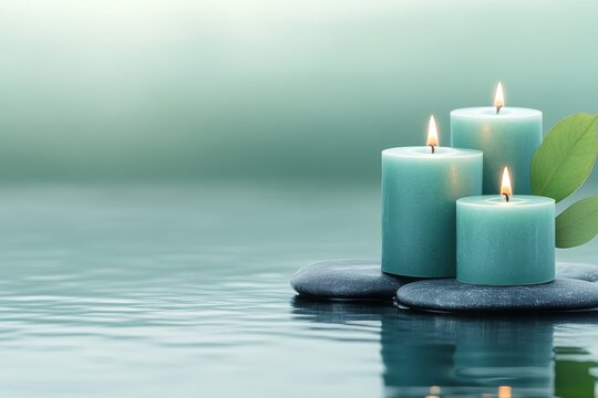  Tres velas encendidas en tonos verdes sobre piedras lisas en un entorno sereno de agua.

