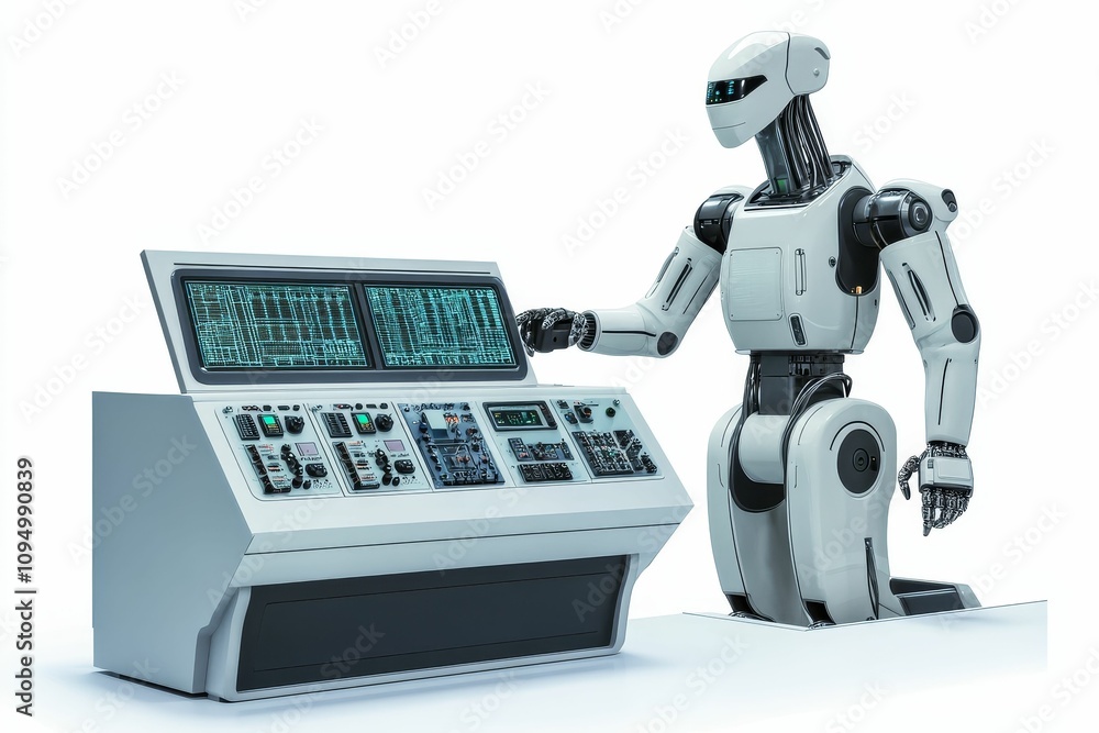 Poster white robot operating futuristic control panel.